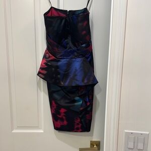 Parker Blue and Red peplum, monarch blur strapless dress